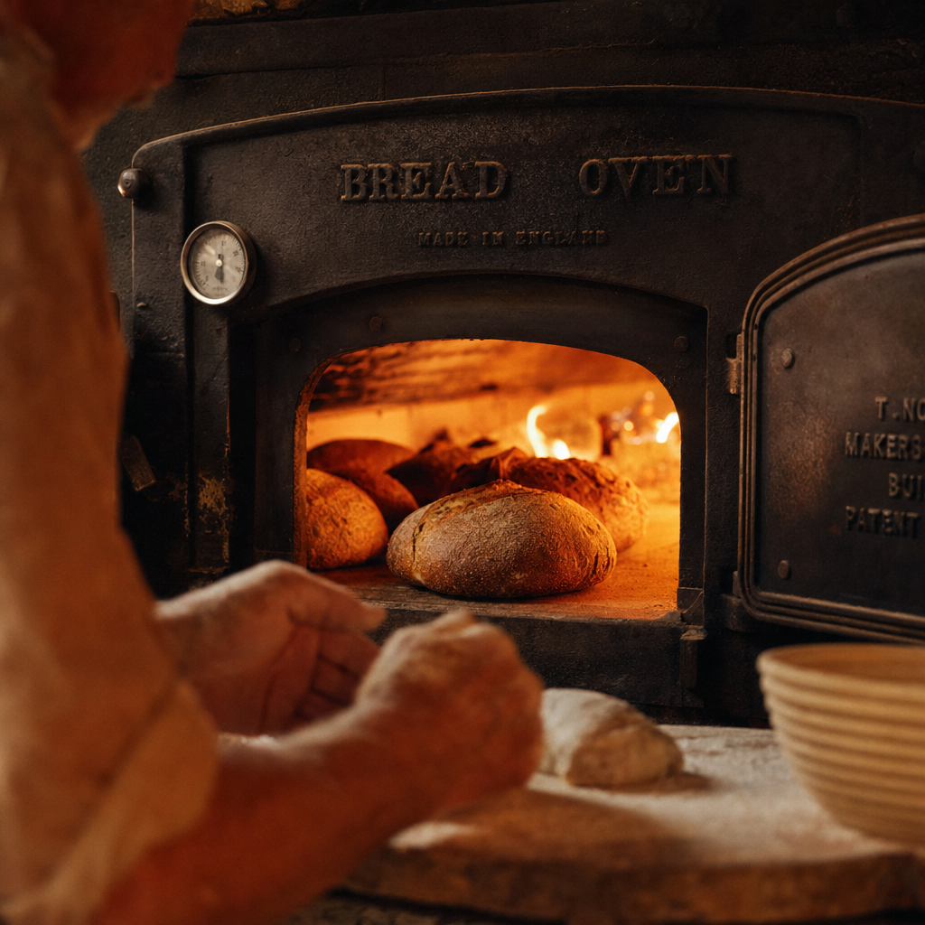Baker loading bread into the oven at 5am
