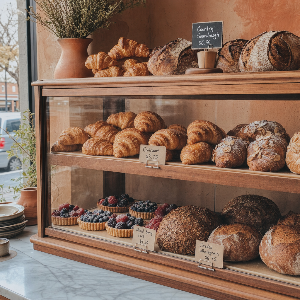 Bakery display case with pastries and loaves