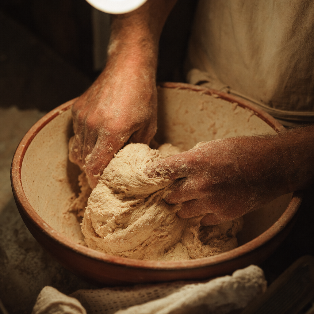Baker mixing dough at 4am