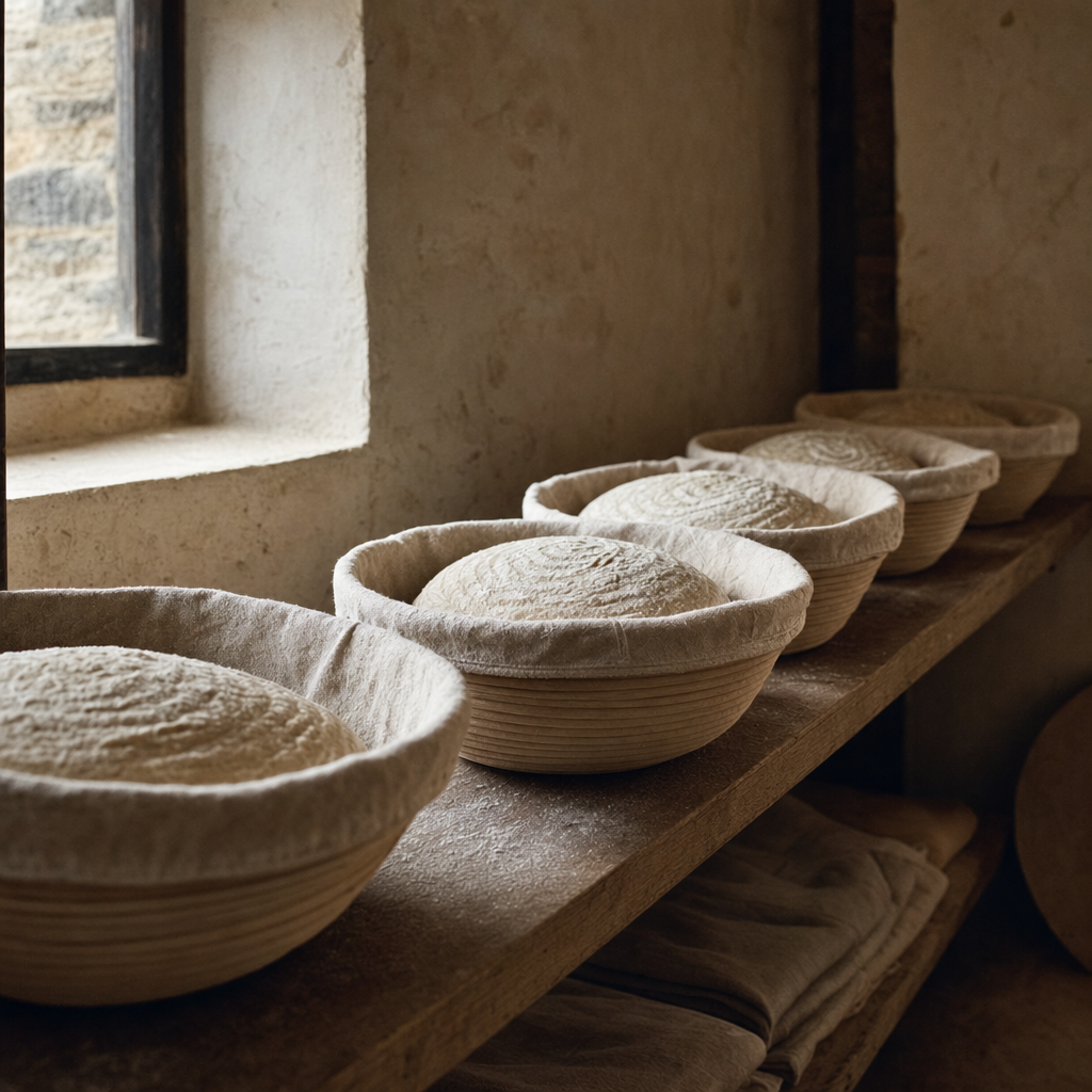 Loaves proofing in banneton baskets