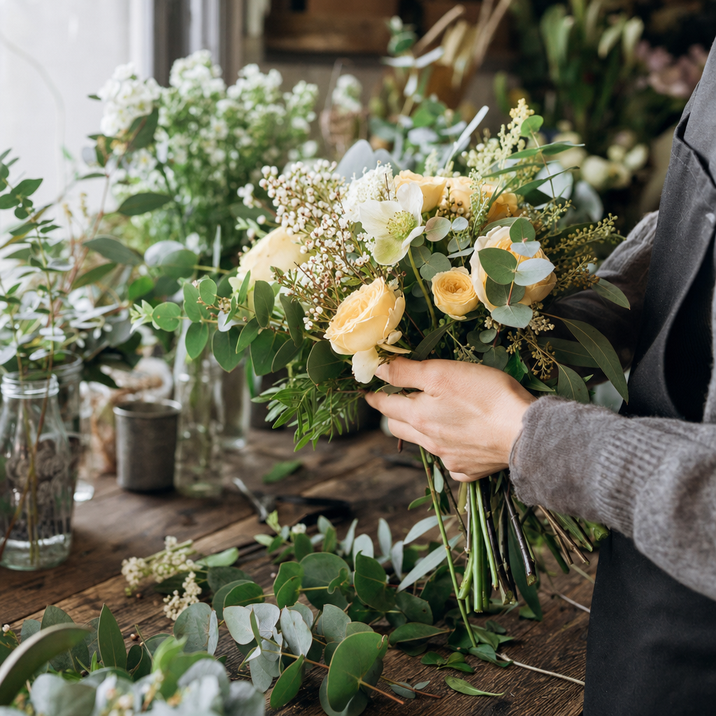 Florist arranging a bouquet in the workshop
