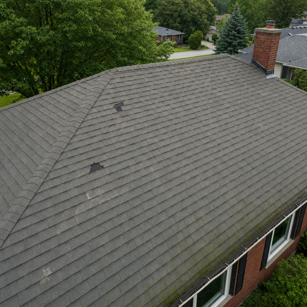 Roof before with weathered and damaged shingles